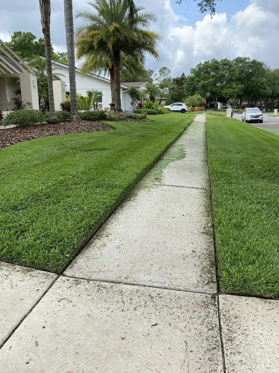 Sharp edging along a concrete sidewalk with mowed lawn on both sides